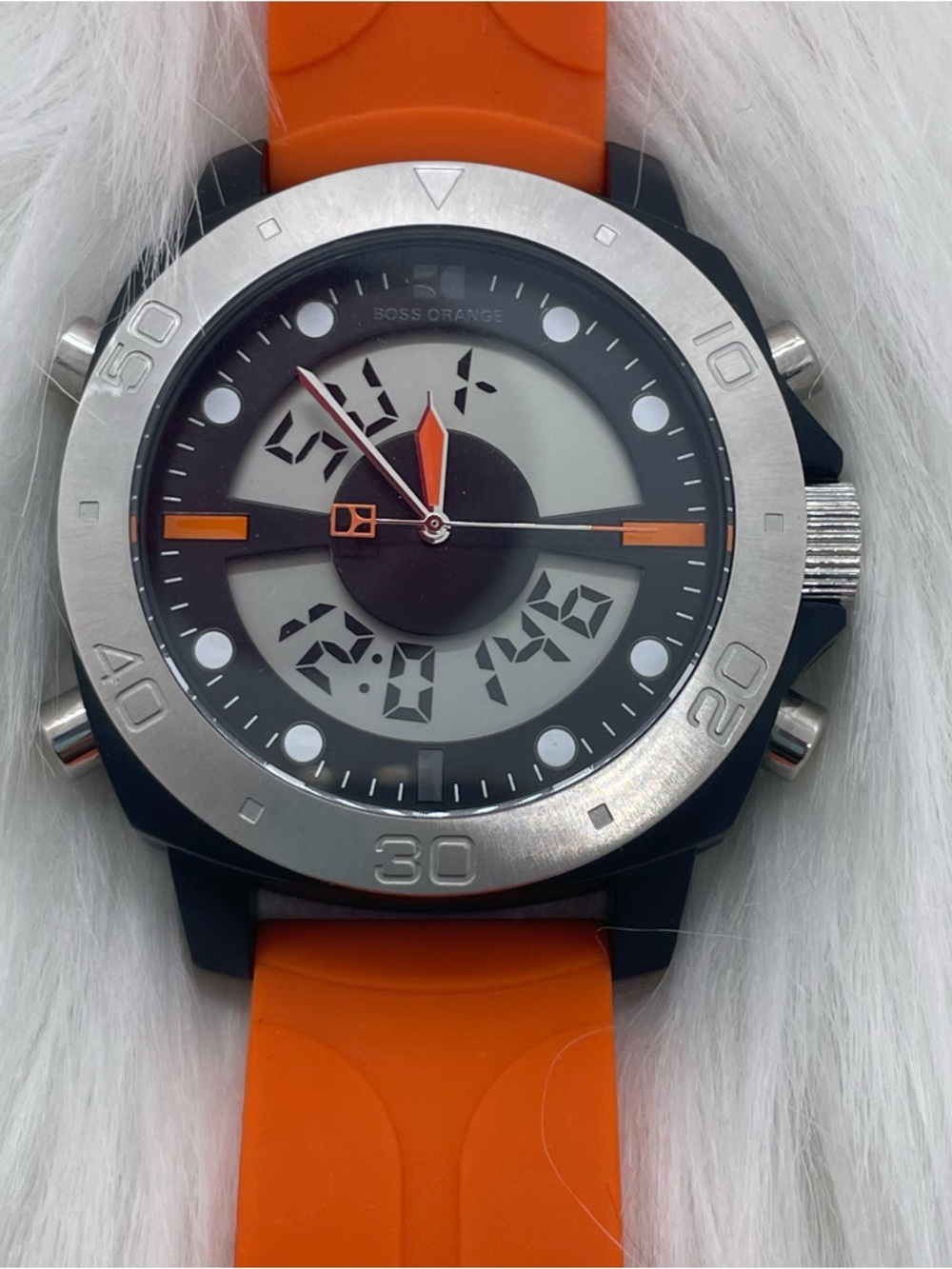 BOSS ORANGE Hybrid Watch with Orange Strap and Silver To e Case Analog Digital